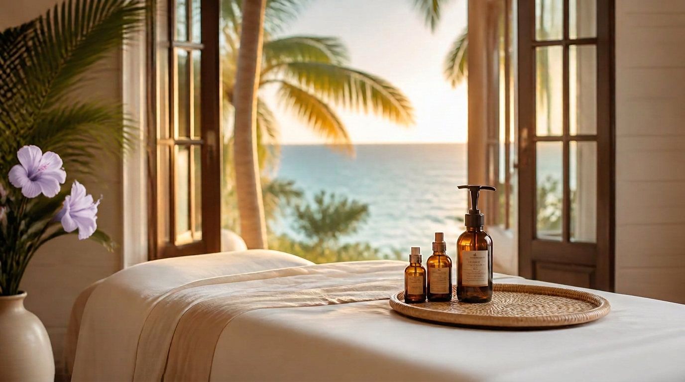 A serene massage space at golden hour with an ocean view