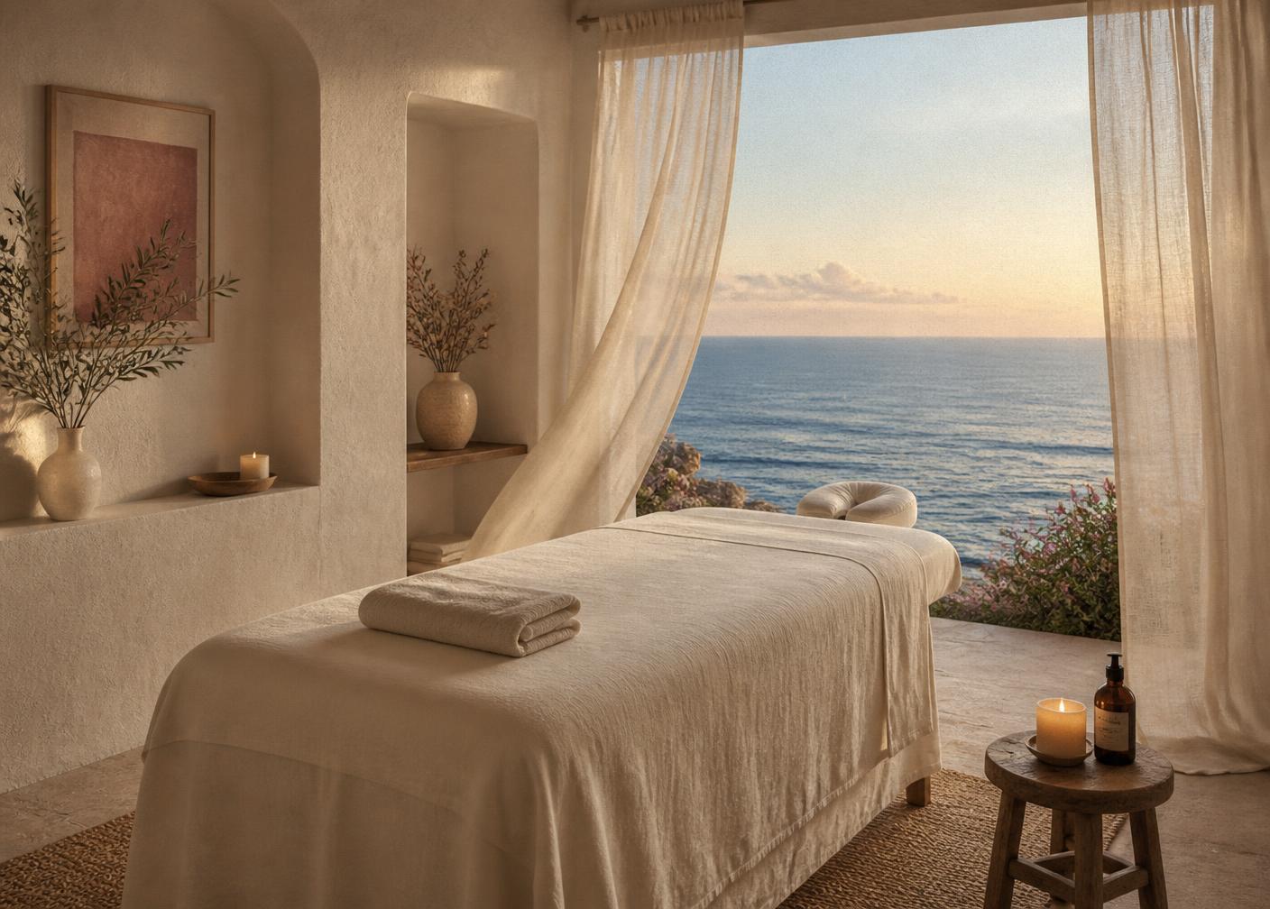 A massage table beside open windows overlooking a calm ocean at golden hour