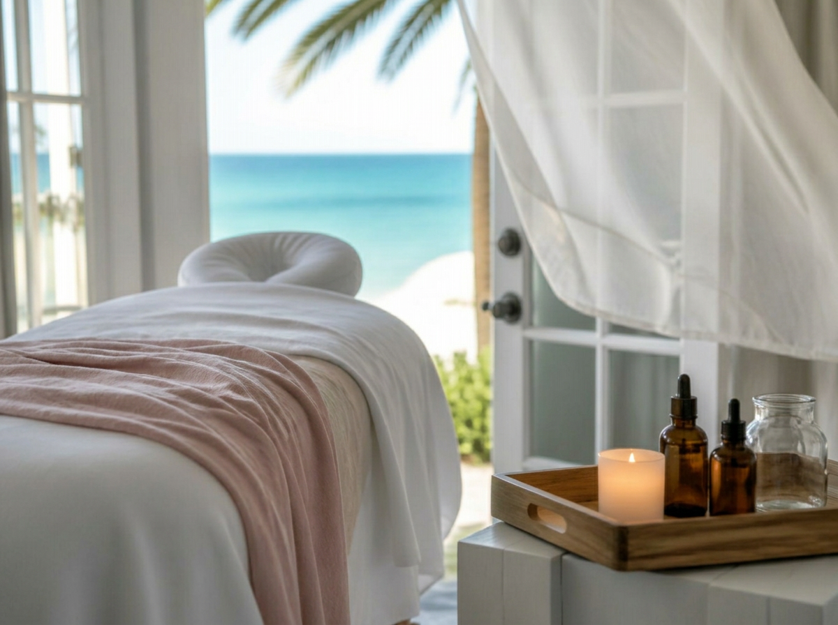 A peaceful in-home massage setup near the coast — a portable table with crisp white linens by open doors overlooking turquoise water and palm fronds